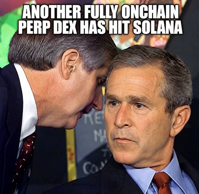 A popular "whispering to George Bush" meme is used to humorously announce that another fully onchain perpetual DEX has launched on Solana, with bold white text reading "ANOTHER FULLY ONCHAIN PERP DEX HAS HIT SOLANA." The meme's implication of relaying secret or noteworthy news playfully reinforces the post's announcement about FermiTrade going live with its onchain orderbook and matching engine.