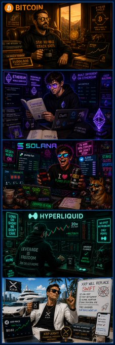 A colorful vertical infographic featuring five crypto-themed character panels—Bitcoin ("Stay on Rule, Stack Sats," $13,000,000), Ethereum ("Quick Different on Ethereum," $15,000,000), Solana ("I ❤️ PUMP.FUN," $50,000), Hyperliquid ("Leverage Freedom," 20x), and XRP ("XRP Will Replace SWIFT," 130,000)—each humorously personifying a blockchain with stereotypical trader traits that match the post's joke about judging people by their favorite chain.