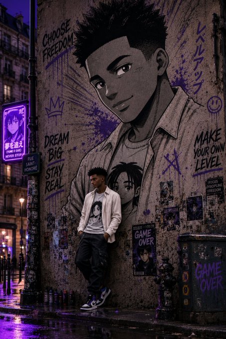 A young man leans against a massive street-art mural of an anime-style character surrounded by phrases like "CHOOSE FREEDOM," "DREAM BIG STAY REAL," and "MAKE YOUR OWN LEVEL," perfectly capturing the "shitpost" Monday energy of surviving the week with gamified determination.