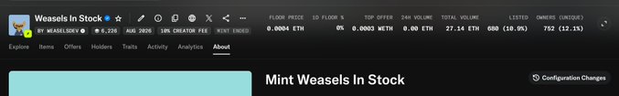 The image shows an OpenSea analytics page for the "Weasels In Stock" NFT collection by MashaLidi, displaying it as verified with 6,226 owners and a mint button. Key metrics visible include a floor price of 0.0005 ETH, 27.14 ETH total volume, and 752 (12.1%) unique owners, highlighting the collection's verified status on OpenSea as referenced in the post.
