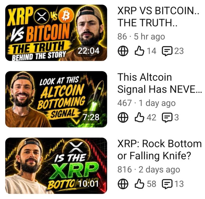 A YouTube channel displays three recent crypto video thumbnails featuring XRP-focused content, including "XRP VS BITCOIN.. THE TRUTH.." (86 views), "This Altcoin Signal Has NEVE..." (467 views), and "XRP: Rock Bottom or Falling Knife?" (816 views), with engagement ranging from 14-58 likes. The image supports the post's message about being "back in full effect" in the XRP trenches, showing multiple recent XRP analysis videos being actively published, including a comparison with Bitcoin and signals suggesting a potential bottom.