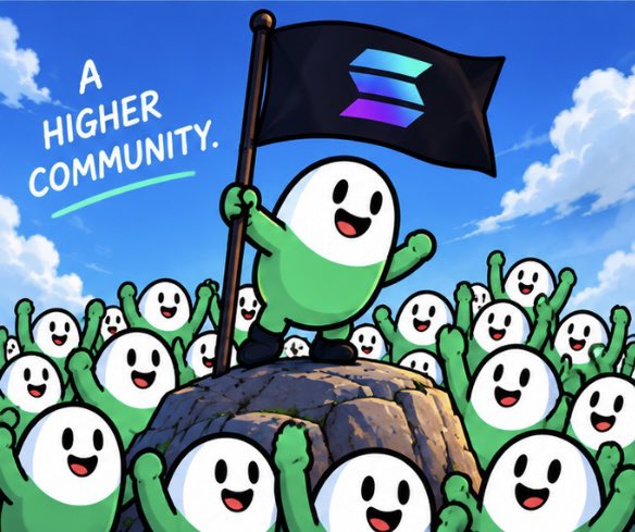 Cartoon-style Solana (SOL) community illustration with green blob characters cheering, one holding a black flag with the Solana logo, and text reading 'A HIGHER COMMUNITY.'