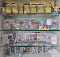 A glass display case filled with graded Pokémon cards in PSA slabs alongside plush toys, reflecting the post's sentiment about transitioning from NFT collecting to traditional trading cards as a more stable collectible investment.