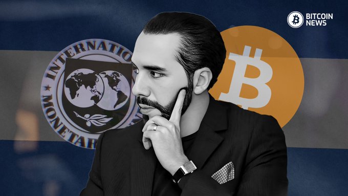 A black-and-white Bitcoin News thumbnail features a thoughtful man in a suit with his hand on his chin, set against an El Salvador flag background with an IMF logo and Bitcoin symbol.