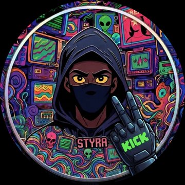 A circular graphic or sticker design featuring a hooded, masked character holding up a hand, set against a colorful, psychedelic background of screens and patterns, with the text "STYRA KICK" on the glove.