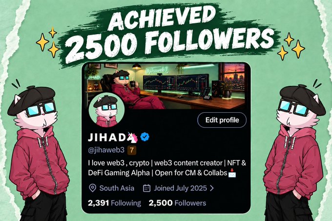 Twitter/X profile screenshot celebrating 'ACHIEVED 2500 FOLLOWERS' for user 'JIHAD' (@jihaweb3), described as a web3, crypto, NFT and DeFi Gaming Alpha content creator, flanked by cartoon mascot characters.
