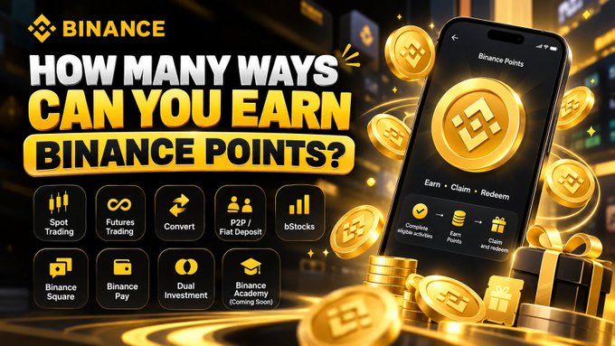 A Binance promotional graphic titled "HOW MANY WAYS CAN YOU EARN BINANCE POINTS?" showcasing earning methods including Spot Trading, Futures Trading, Convert, P2P/Fiat Deposit, bStocks, Binance Square, Binance Pay, Dual Investment, and Binance Academy.