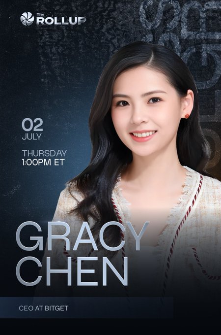 Promotional poster for The Rollup featuring Gracy Chen, CEO at Bitget, announcing her appearance on Thursday, July 2nd at 1:00PM ET, complementing the post about her live interview from the Empire State Building.