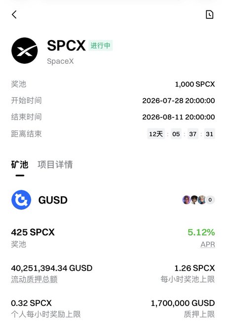 A mobile app screen showing an SPCX (SpaceX) staking pool with 1,000 SPCX rewards, running from 2026-07-28 to 2026-08-11, displaying GUSD mining details including 5.12% APR and a liquidity pool of 40,251,394.34 GUSD.