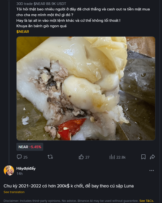 Screenshot of a Twitter/X post from user 'Hãydìdiđáy' discussing a $NEAR trade at 88.9K USDT, featuring a close-up photo of Vietnamese sticky rice cake (bánh giò) with pork filling.