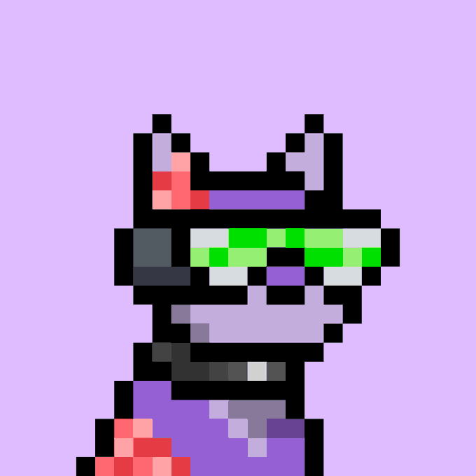 A pixel art character with a purple helmet, green visor, and dark armor against a light purple background.