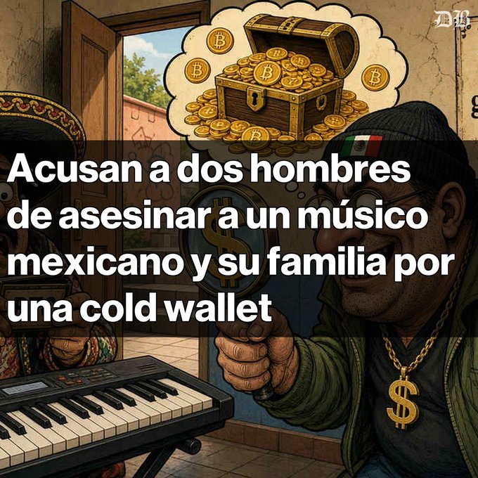 An illustrated news graphic in Spanish reading 'Acusan a dos hombres de asesinar a un músico mexicano y su familia por una cold wallet', depicting a man thinking of a treasure chest of Bitcoin.