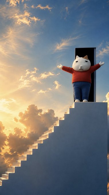 A 3D-rendered white cat wearing a red sweater and blue jeans stands triumphantly with arms outstretched at the top of a white staircase ascending into a dramatic golden sunset sky.