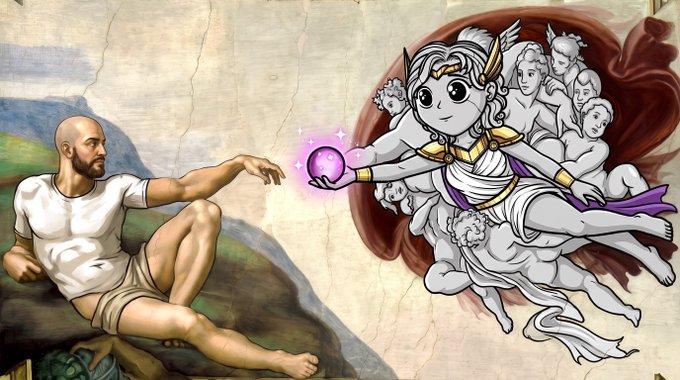 A figure inspired by Michelangelo's "Creation of Adam" reaches toward a chibi-style angel holding a glowing purple orb, with a swirl of cherubic figures behind her. The image playfully visualizes the post's request, casting the angelic figure as a divine creator reaching out to a modern, casual "Adam" lounging in a t-shirt and shorts.