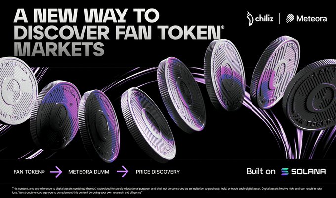 The image is a promotional graphic titled "A NEW WAY TO DISCOVER FAN TOKEN® MARKETS" featuring Chiliz and Meteora branding, with metallic coins displayed along a purple-lit curve and a flow diagram showing "FAN TOKEN® → METEORA DLMM → PRICE DISCOVERY" built on Solana. The graphic visually reinforces the post's announcement of Chiliz's partnership with Meteora to bring DLMM-based price discovery infrastructure to Solana-launched fan tokens.