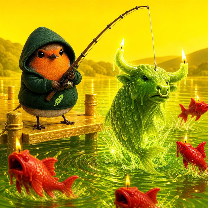 A whimsical illustration of a small bird in a green hoodie fishing on a dock, with a green horned creature emerging from yellow water surrounded by candle-bearing red fish.