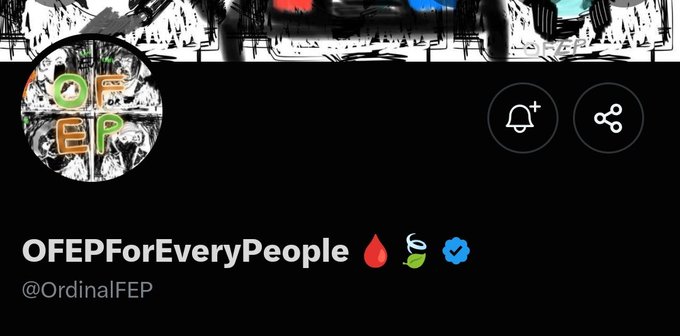 This image shows the Twitter/X profile page for "OFEPForEveryPeople" (@OrdinalFEP), featuring a circular avatar with "OFEP" text and artistic illustrations, alongside the post announcing a collaboration featuring a 1,111 supply hand-drawn collection on the Robinhood chain.