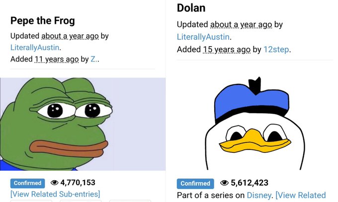 Know Your Meme entries for "Pepe the Frog" (4,770,153 views, confirmed) and "Dolan" (5,612,423 views, confirmed) showing the green frog and the cartoon duck character.