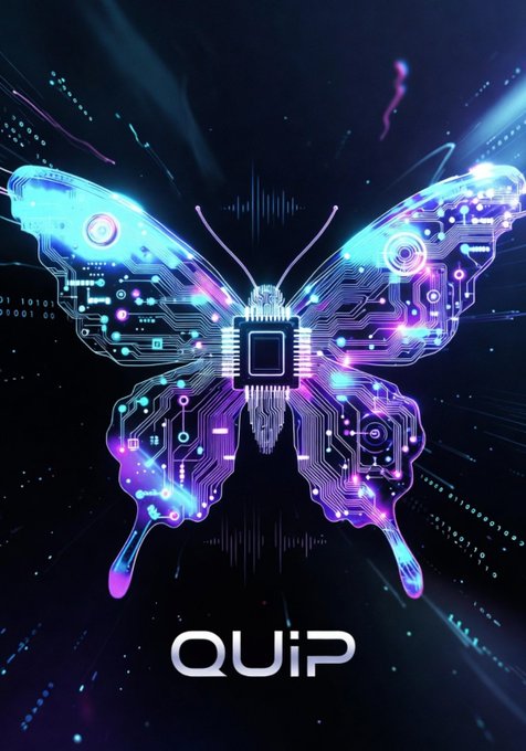 The image features a butterfly-like design with blue, purple, and pink colors, which are the main elements of the poster. The butterfly has a circuit board pattern on its wings, representing the technological aspect of the Quip network. The text "Quip" is written in white letters at the bottom center of the poster, indicating that it is promoting or related to the Quip network. The background of the image is black and filled with blue and purple lights, creating a futuristic and dynamic atmosphere. This design effectively conveys the message about the Quip network's focus on decentralization, user engagement, and resource sharing in an extractive model to avoid central failures.