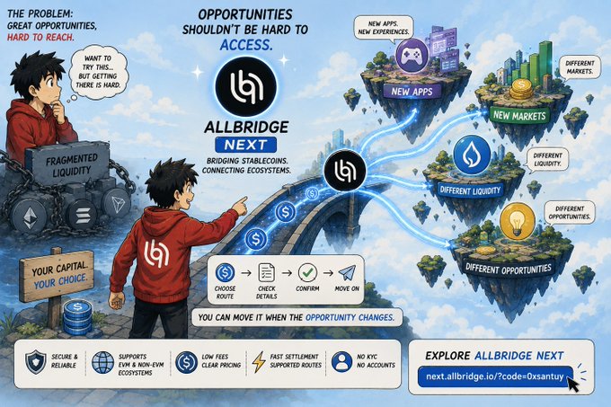 A promotional graphic for 'ALLBRIDGE NEXT', advertising bridging of stablecoins and connecting ecosystems, with the tagline 'OPPORTUNITIES SHOULDN'T BE HARD TO ACCESS' and URL next.allbridge.io/?code=0xsantuy.