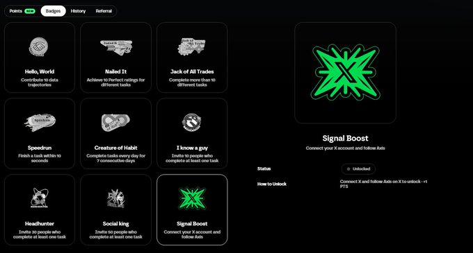 The image displays a badges page from Axis Robotics featuring the newly unlocked "Signal Boost" badge, which requires users to link their X account and follow @axisrobotics (+1 PTS). The accompanying post highlights Axis's growing platform (157K users vs. only 47K on official X) and explains the "Signal Boost" task as the first badge mission to connect X and follow Axis, which the poster has just completed.