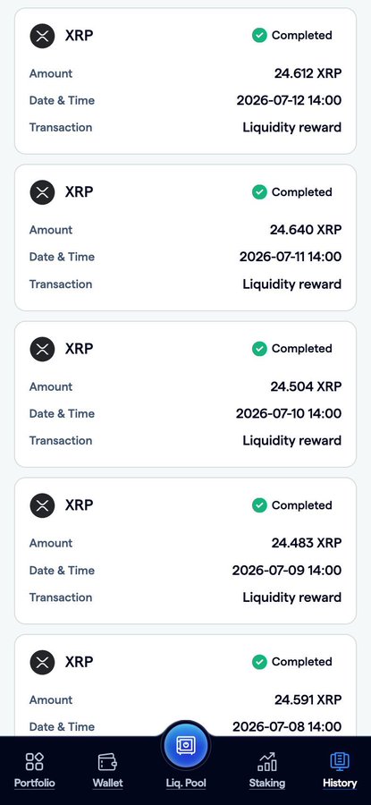 A mobile wallet interface showing completed XRP liquidity reward transactions of approximately 24.5 XRP each, dated July 8-12, 2026.