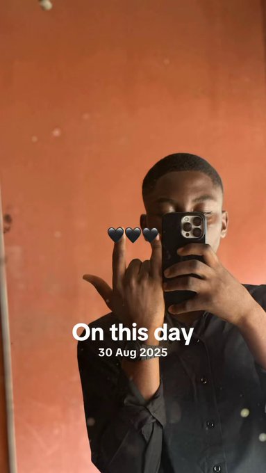 A mirror selfie of a young man in a dark shirt with three heart emojis, featuring the text 'On this day 30 Aug 2025' overlaid on the image.