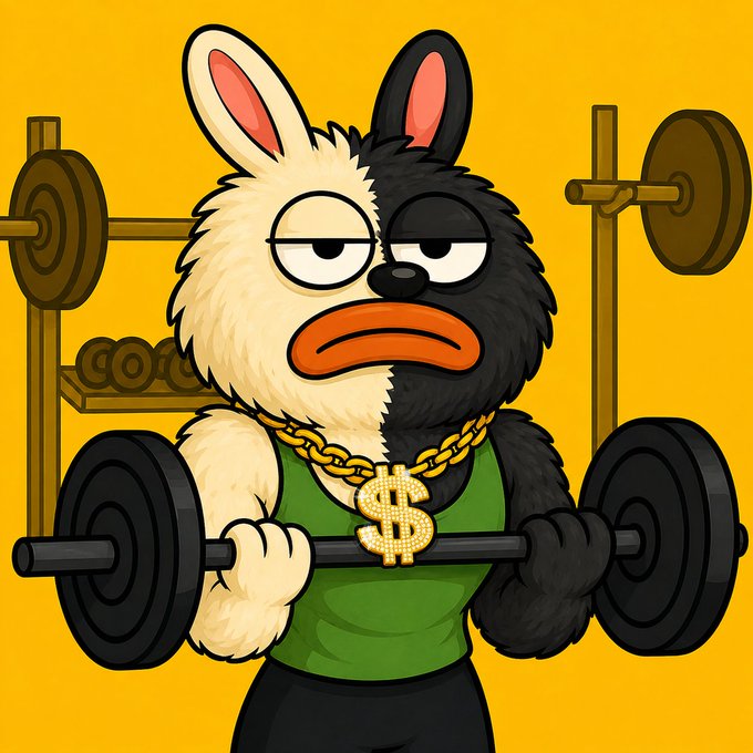 A cartoon rabbit-like character with a half-white, half-black fur design lifts massive dumbbells in a gym setting, wearing a thick gold chain featuring a "$" pendant. The image's "heavy lifting" theme visually reinforces the airdrop post's message of dropping "100,000 $BORO" tokens to those who complete the listed steps.