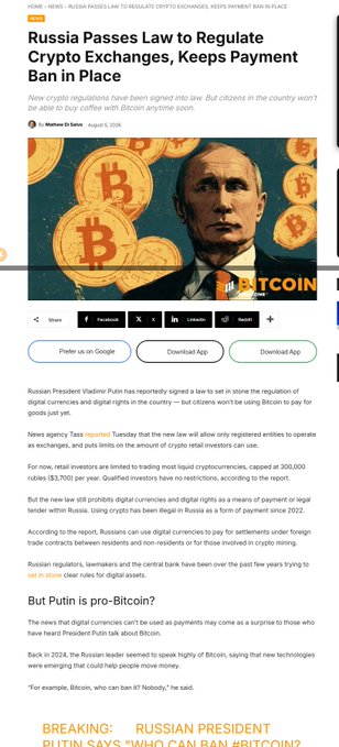 This image shows a news article with the headline "Russia Passes Law to Regulate Crypto Exchanges, Keeps Payment Ban in Place," featuring a graphic of Vladimir Putin surrounded by Bitcoin logos.