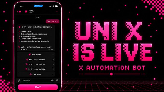 xtalite app icon and a pink banner with "UNIX IS LIVE" text, accompanied by a black background with white dots.