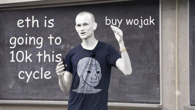 A Wojak-style meme featuring a man in a Wojak t-shirt standing before a chalkboard with text reading 'eth is going to 10k this cycle' and 'buy wojak'.
