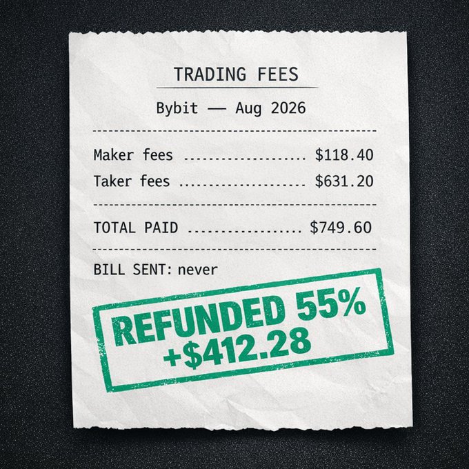 A receipt on crumpled paper shows 'TRADING FEES Bybit — Aug 2026' with Maker fees of $118.40, Taker fees of $631.20, Total Paid of $749.60, 'BILL SENT: never', and a green 'REFUNDED 55% +$412.28' stamp.