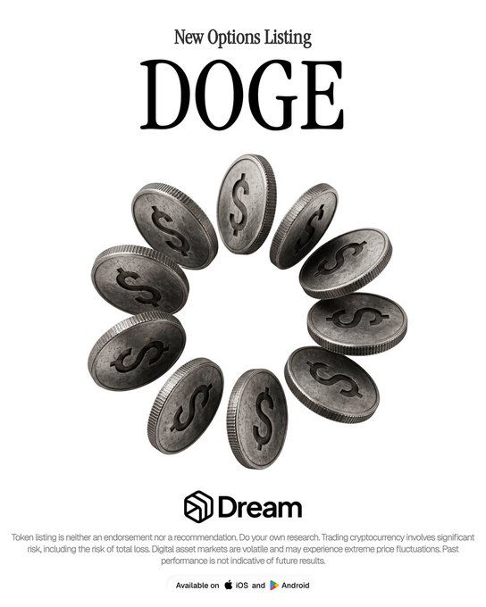 A promotional graphic announcing a new options listing for DOGE on the Dream platform, featuring dollar-sign coins arranged in a circle with a risk warning about cryptocurrency trading.
