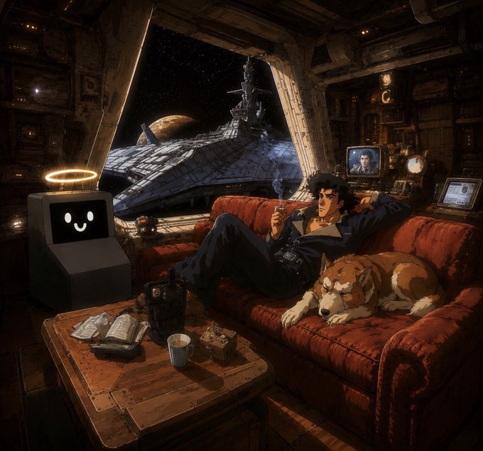An anime-style illustration showing a man relaxing on a red couch with a dog and a small robot character with a halo, while a spaceship is visible through a large window showing a planet and space.