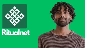 A promotional image for Ritualnet featuring a man with curly hair on a green background alongside the company's green logo.