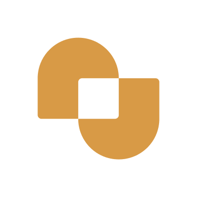 An orange minimalist logo featuring two interlocking shapes that form a rounded square design with a white negative space square in the center.