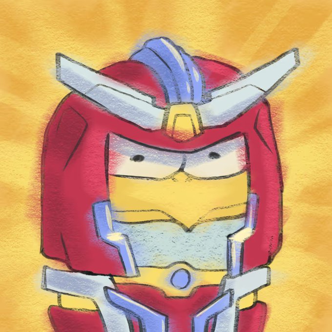 A stylized, chibi-style drawing of the Red Gundam from Mobile Suit Gundam, featuring its iconic red helmet, V-fin antenna, and yellow V-shaped faceplate against a yellow sunburst background.
