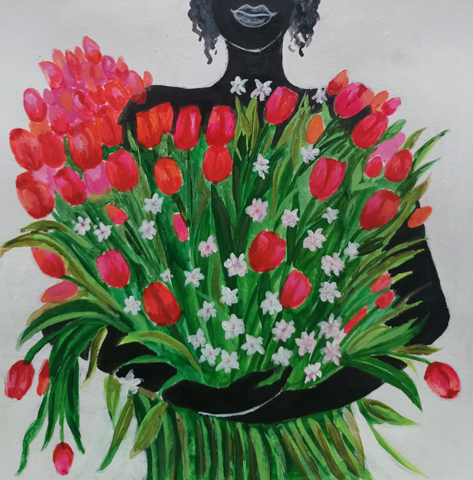 A painting depicts a woman with dark skin and curly hair holding an abundant bouquet of red and pink tulips mixed with small white flowers against a soft white background. The artwork, titled "Beautiful as a Tulip," visually embodies the celebration of natural beauty suggested by its name, with the lush blooms serving as a striking focal point.