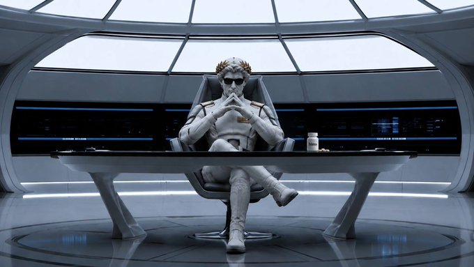 A silvery-haired figure in white attire and sunglasses sits in a contemplative pose at a sleek command console, with a small bottle beside them. The futuristic setting and the post's caption "The course is set." suggest a moment of confident decision-making or strategic planning before a journey or mission begins.