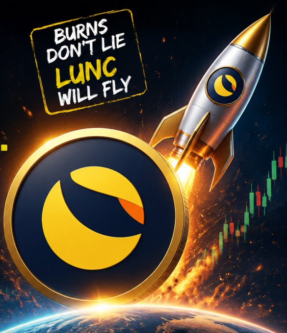 A promotional graphic featuring a large gold Luna (LUNC) coin and a launching rocket, with text 'BURNS DON'T LIE LUNC WILL FLY' and green/red candlestick charts in the background.