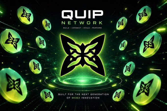 A promotional graphic for 'QUIP NETWORK' featuring a glowing green butterfly logo and the tagline 'BUILD FOR THE NEXT GENERATION OF WEB3 INNOVATION', surrounded by floating coin-like discs with the same butterfly emblem.