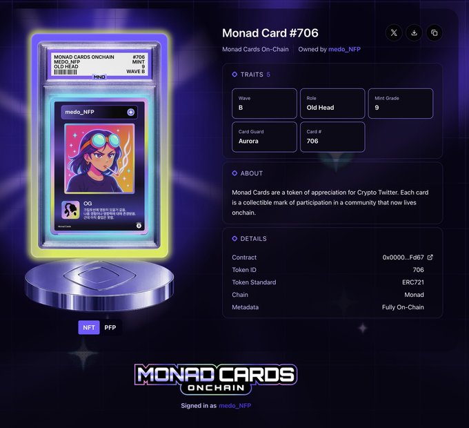 A digital display showcases 'Monad Card #706', an NFT/PFP owned by 'medo_NFP' with traits 'Wave B', 'Role Old Head', 'Mint Grade 9', and 'Card Guard Aurora', on the Monad chain, labeled 'MONAD CARDS ONCHAIN'.