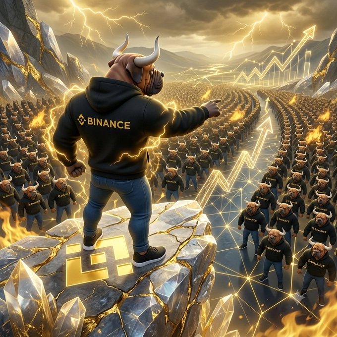 A commanding bull-headed figure wearing a "BINANCE" hoodie stands atop a rock emblazoned with the Binance logo, gazing over an army of similarly clad bullish minions beneath an ascending market chart, symbolizing the collective strength and unstoppable momentum of a unified crypto pack.