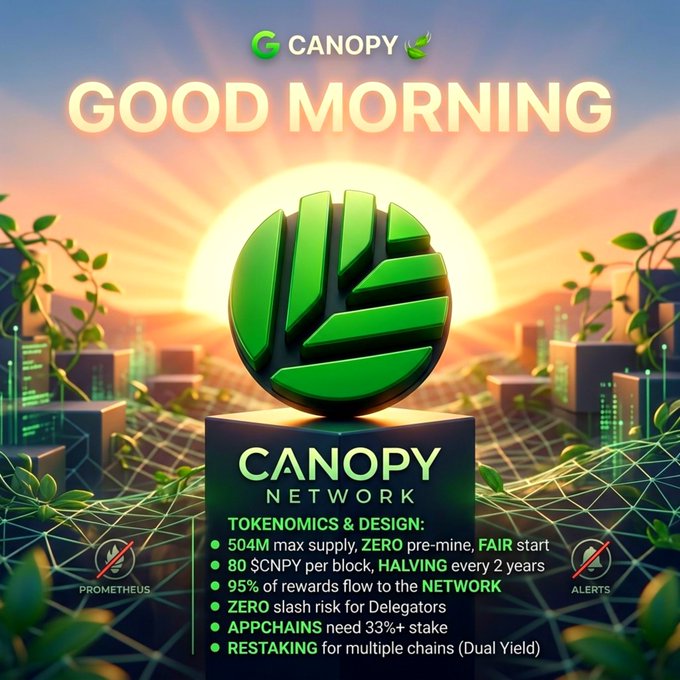 A promotional graphic for the 'Canopy Network' with 'GOOD MORNING' text, showing a green logo and listing tokenomics features like '504M max supply' and 'HALVING every 2 years'.