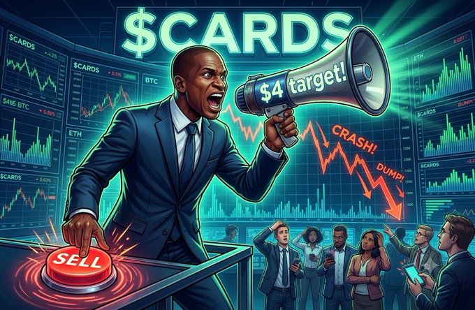 An illustrated cartoon of a man in a suit shouting '$CARDS $4 target!' through a megaphone while pressing a red 'SELL' button, with onlookers watching crash charts behind him.