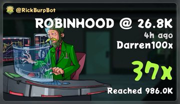 A cartoon trader at a monitor advertises that @RickBurpBot is tracking ROBINHOOD at 26.8K, now up 37x to 986.0K, aligning with the post highlighting Robinhood's 37x gain among other listed tickers.
