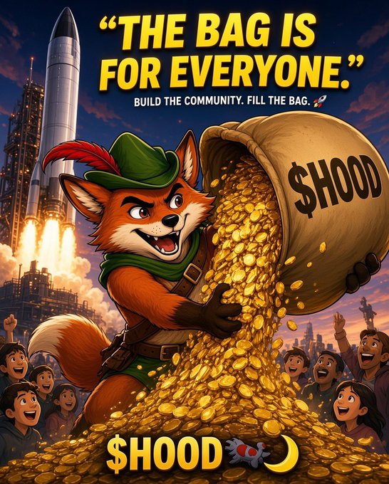 A cartoon fox dressed as Robin Hood pours a giant sack labeled "$HOOD" overflowing with gold coins over a cheering crowd, with a rocket launching in the background. The text reads "THE BAG IS FOR EVERYONE" and "BUILD THE COMMUNITY. FILL THE BAG," visually reinforcing the post's message about sharing wealth and building the $HOOD community together.
