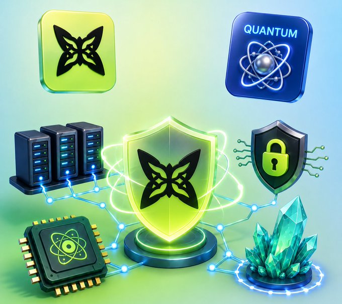 A 3D digital illustration featuring green butterfly/cross-shaped icons, a 'QUANTUM' labeled blue tile, server racks, a central shield with the butterfly emblem, a security lock shield, a quantum processor chip, and green crystal clusters on a glowing node network.