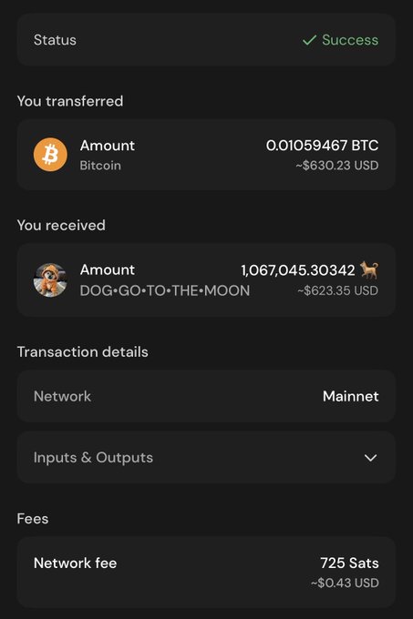 A successful Bitcoin-to-Dog swap transaction receipt showing 0.01059467 BTC (~$630.23) exchanged for 1,067,044.30342 DOG•GO•TO•THE•MOON tokens (~$623.35) on the Mainnet with a 725 sat network fee, confirming the meme coin purchase celebrated in the post about being halfway to a 10M token goal.