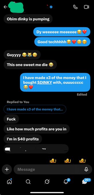 A screenshot of a direct message conversation shows someone celebrating making "x3 of the money" on $DINKY, reporting $40 in profits, with multiple monkey cover-eyes and money emojis shared in response to a friend mentioning the token is "pumping." The exchange illustrates the post's theme of rubbing early $DINKY gains in others' faces after taking Vibez's call.